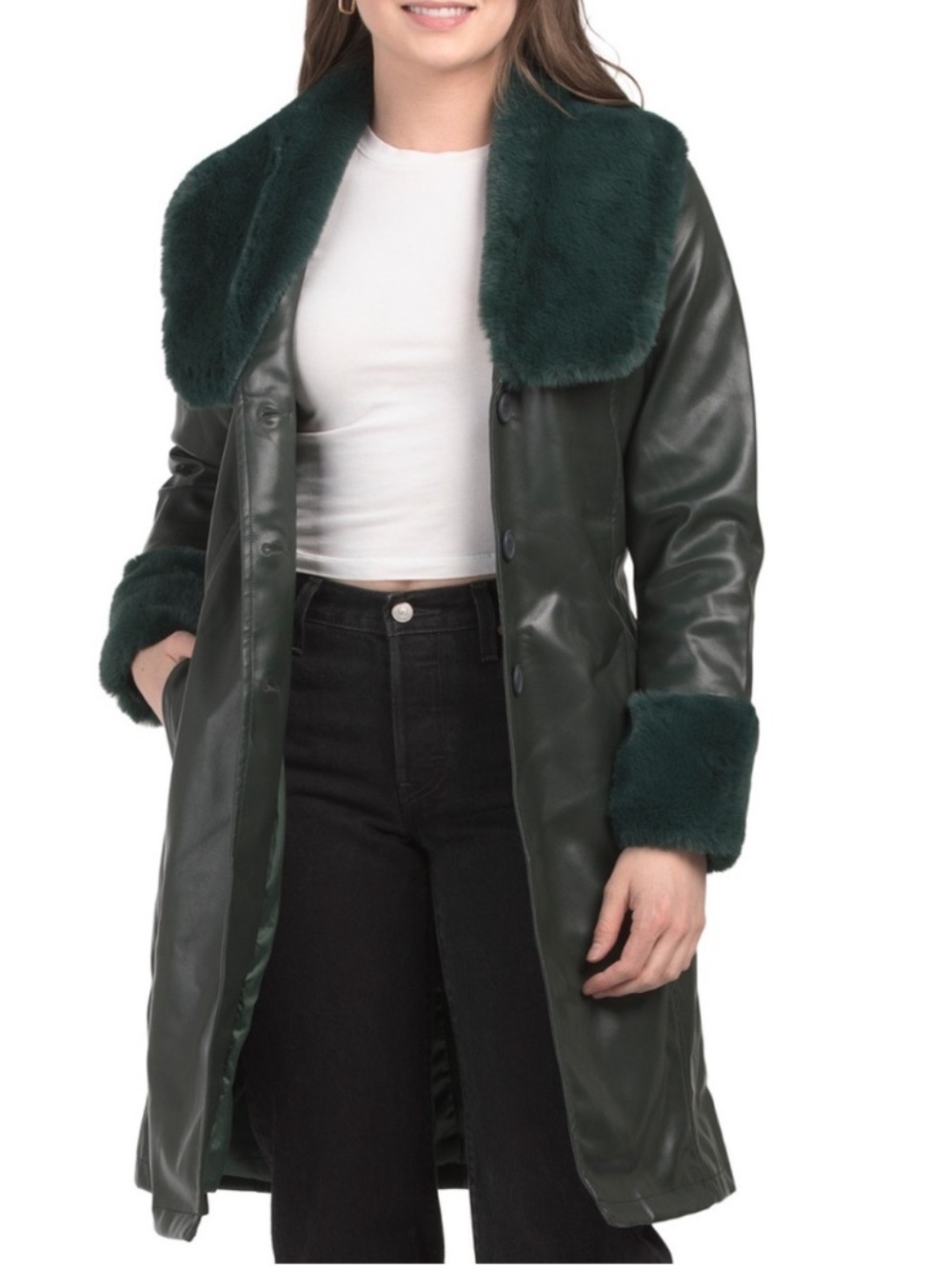 BLANK NYC Green Good Night Moon Trench Coat With Faux Fur Collar